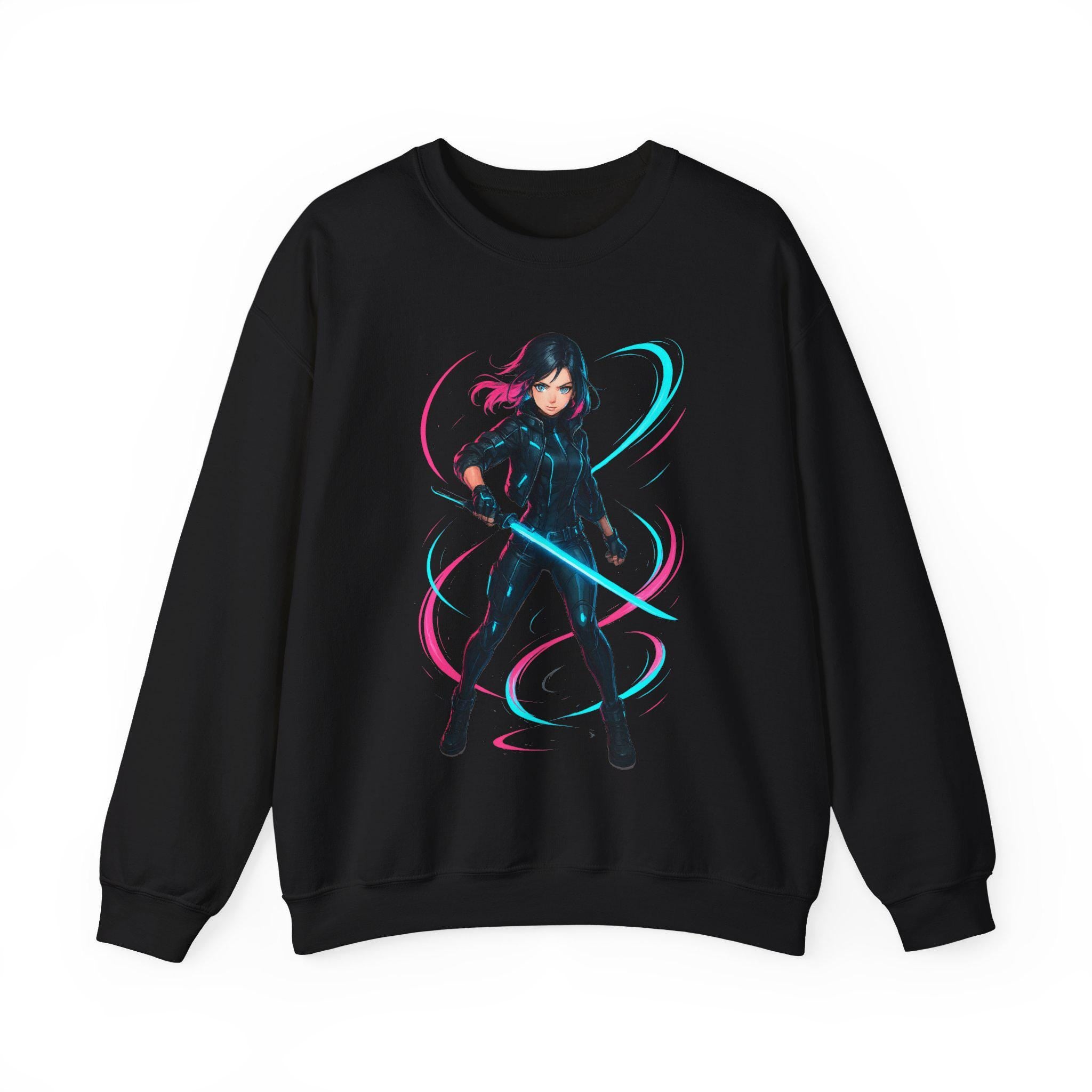 Cyberpunk Anime Girl Sweatshirt Neon Glow Streetwear Futuristic Techwear Gift for Anime Lovers and Gamers