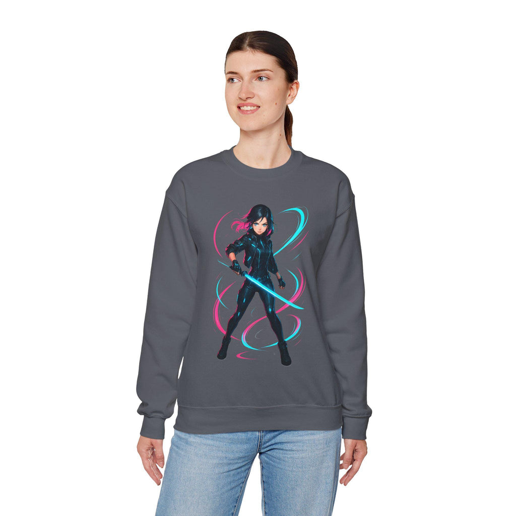 Cyberpunk Anime Girl Sweatshirt Neon Glow Streetwear Futuristic Techwear Gift for Anime Lovers and Gamers