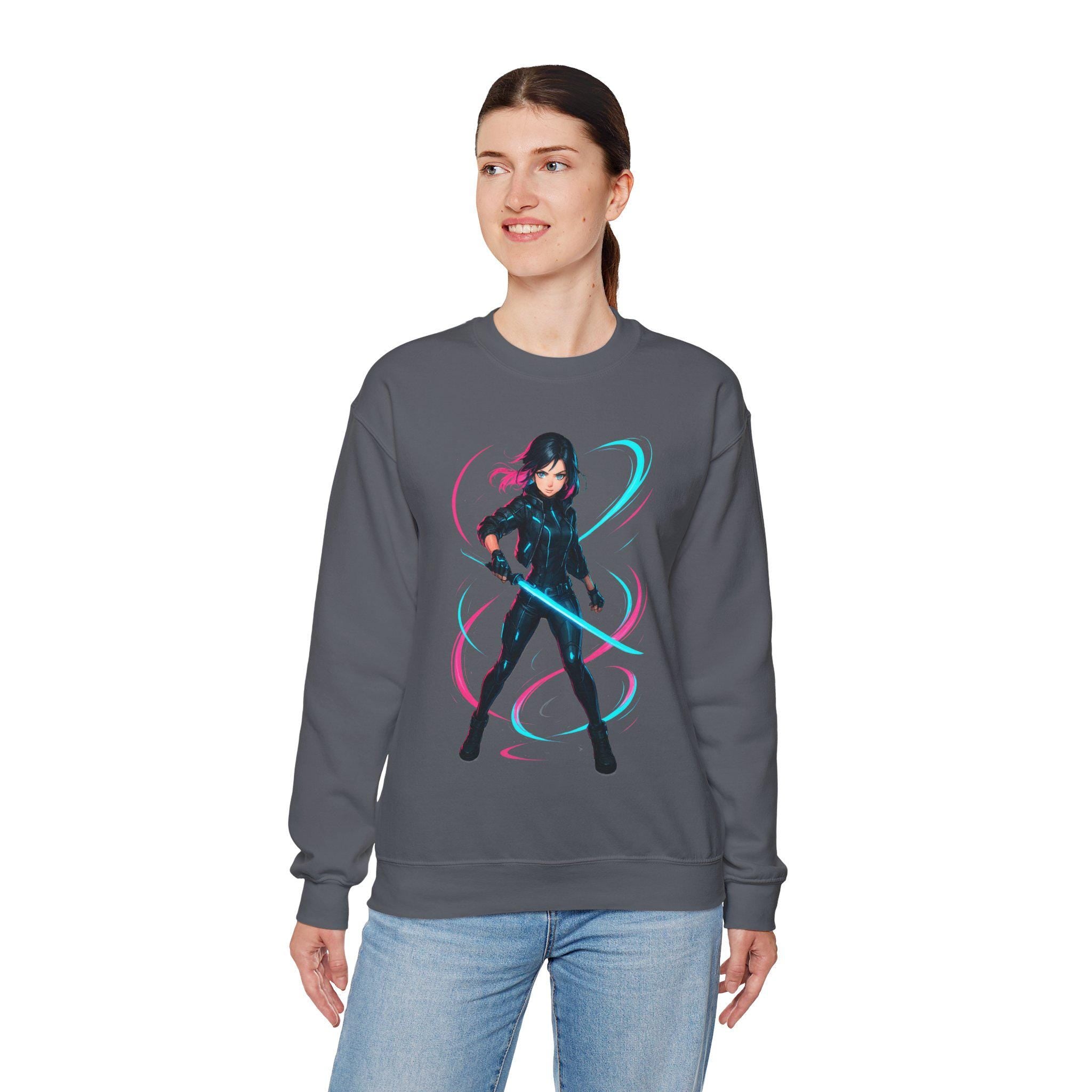 Cyberpunk Anime Girl Sweatshirt Neon Glow Streetwear Futuristic Techwear Gift for Anime Lovers and Gamers