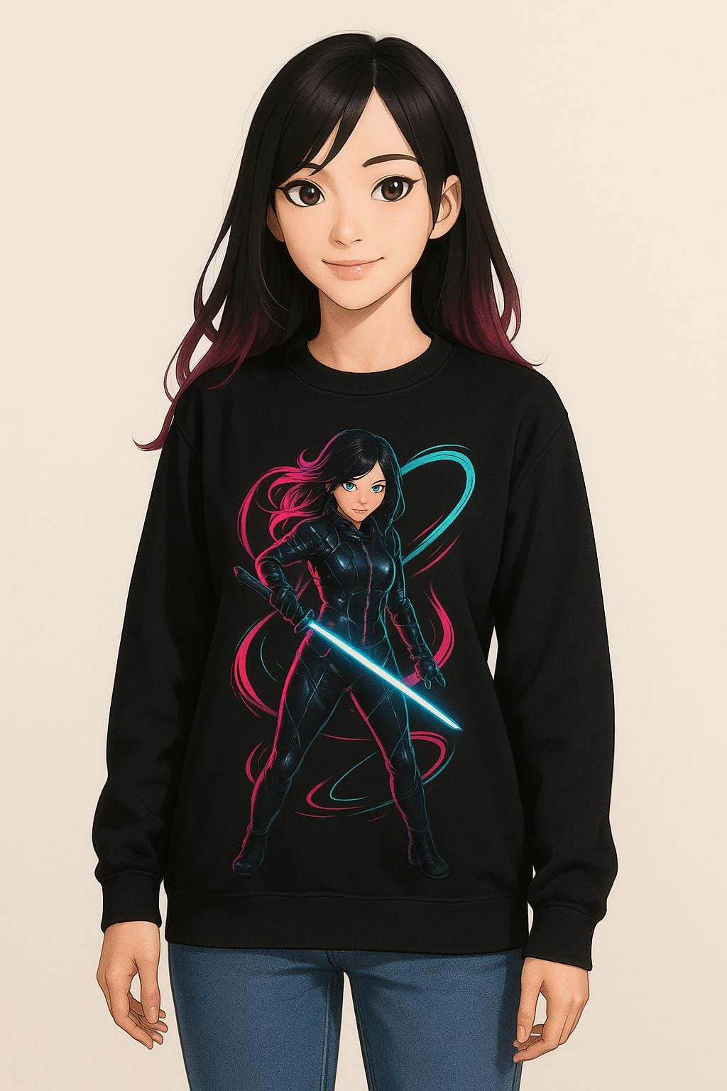 Cyberpunk Anime Girl Sweatshirt Neon Glow Streetwear Futuristic Techwear Gift for Anime Lovers and Gamers