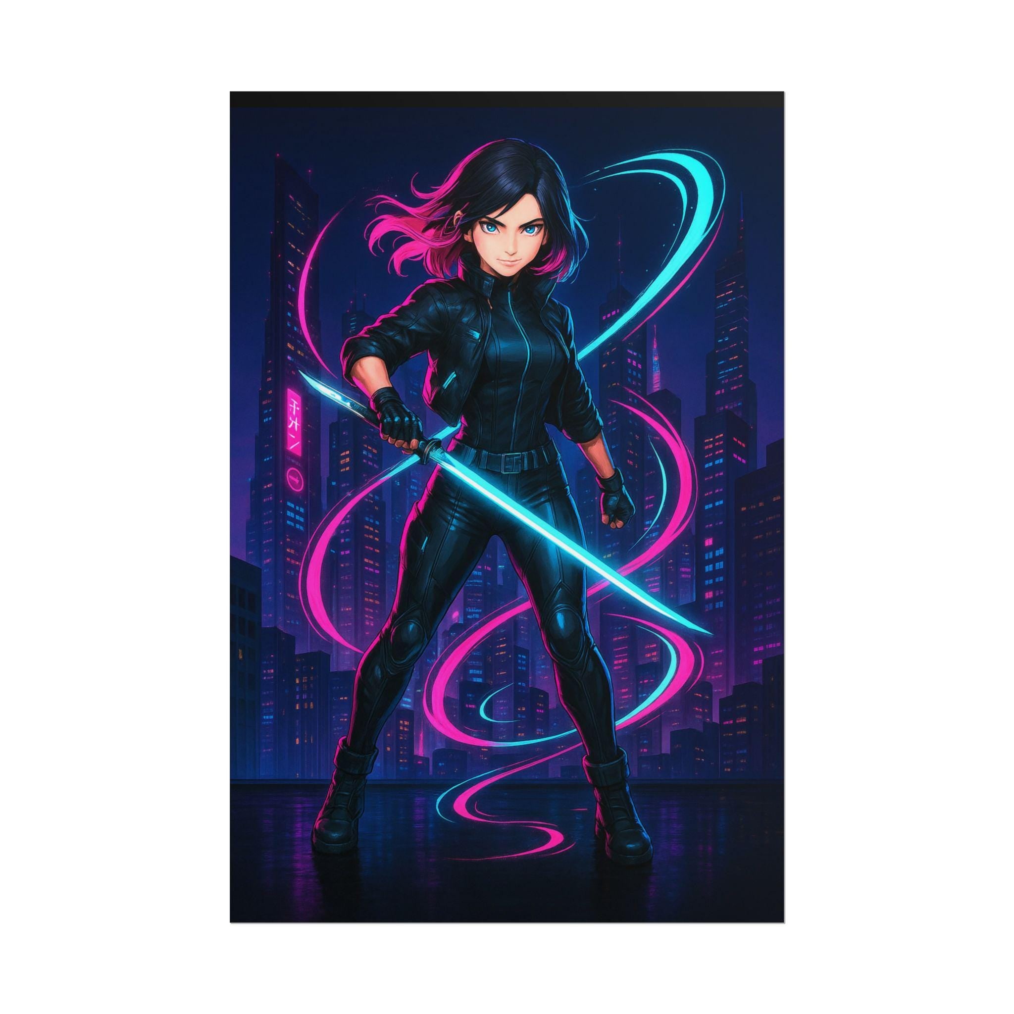 Cyberpunk Anime Girl Poster Neon City Blade Wall Art Futuristic Samurai Aesthetic Print for Gamers and Anime Lovers
