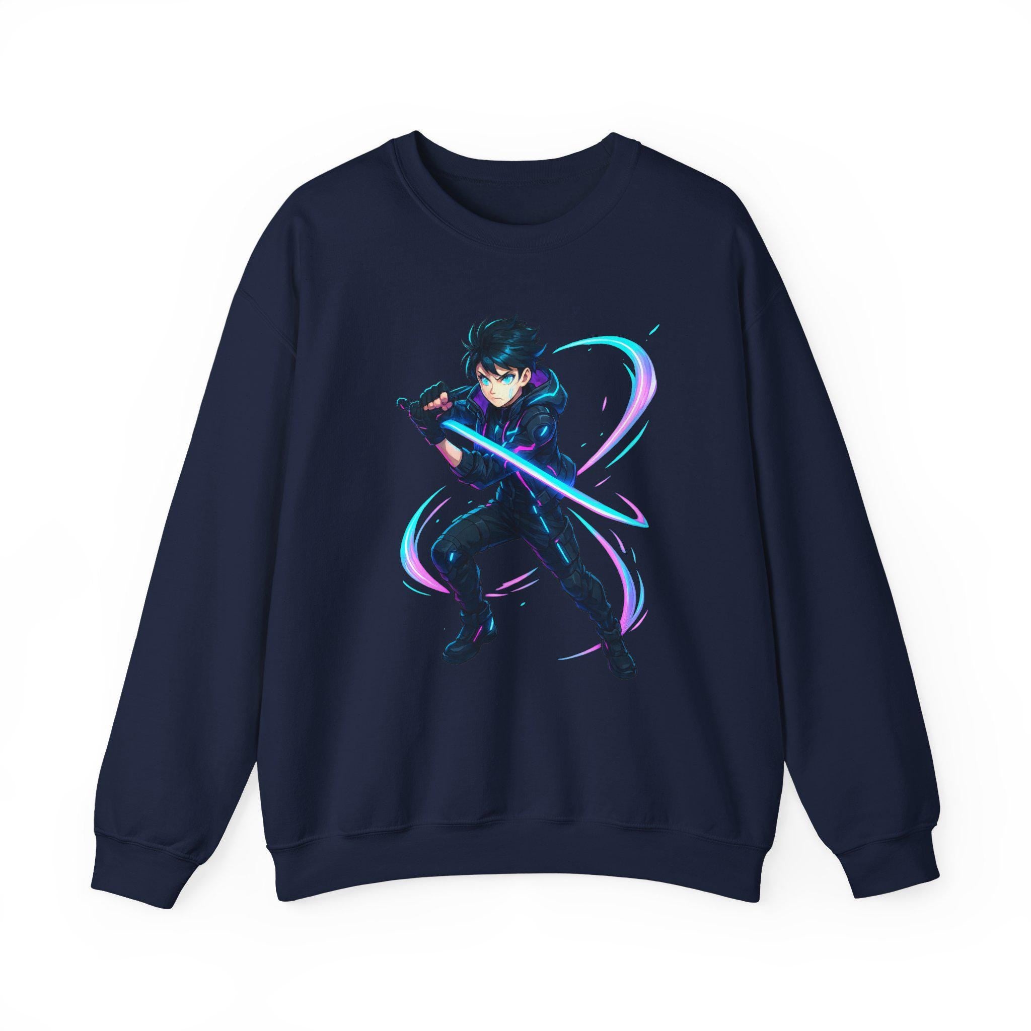 Cyberpunk Anime Boy Sweatshirt Neon Blade Streetwear Futuristic Techwear Gift for Gamers and Anime Fans