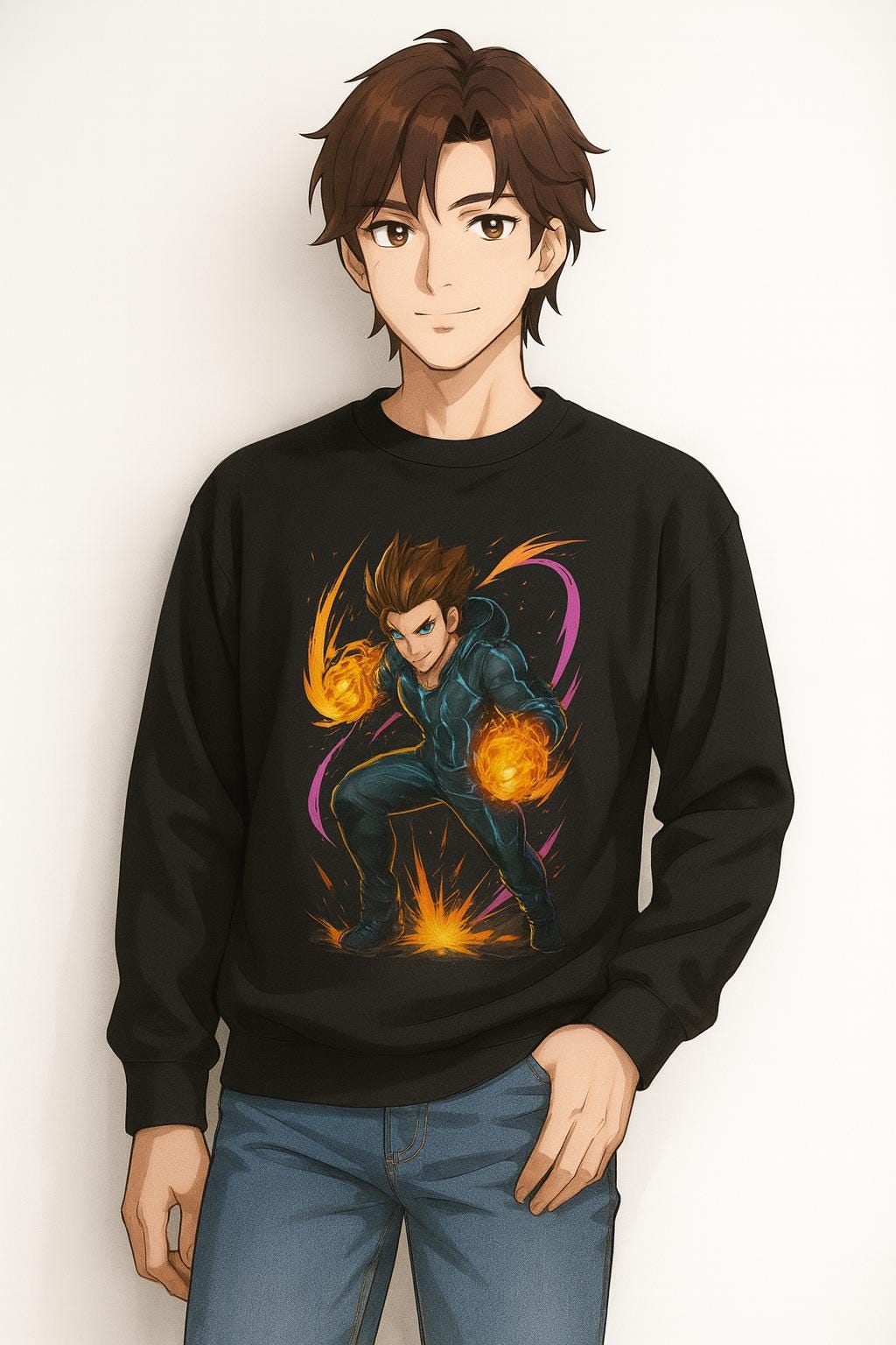 Anime Fire Power Sweatshirt Neon Glow Streetwear Futuristic Techwear Gift for Gamers and Anime Fans