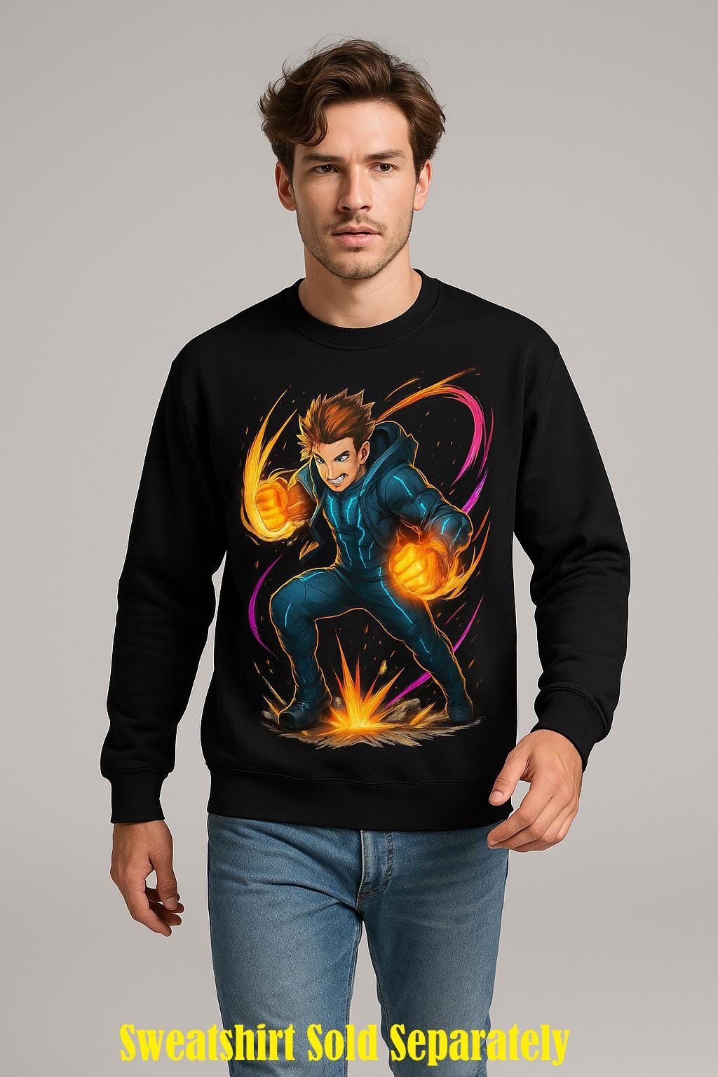 Anime Fire Power Poster Neon Glow Wall Art Futuristic Warrior Print Gift for Gamers and Anime Lovers