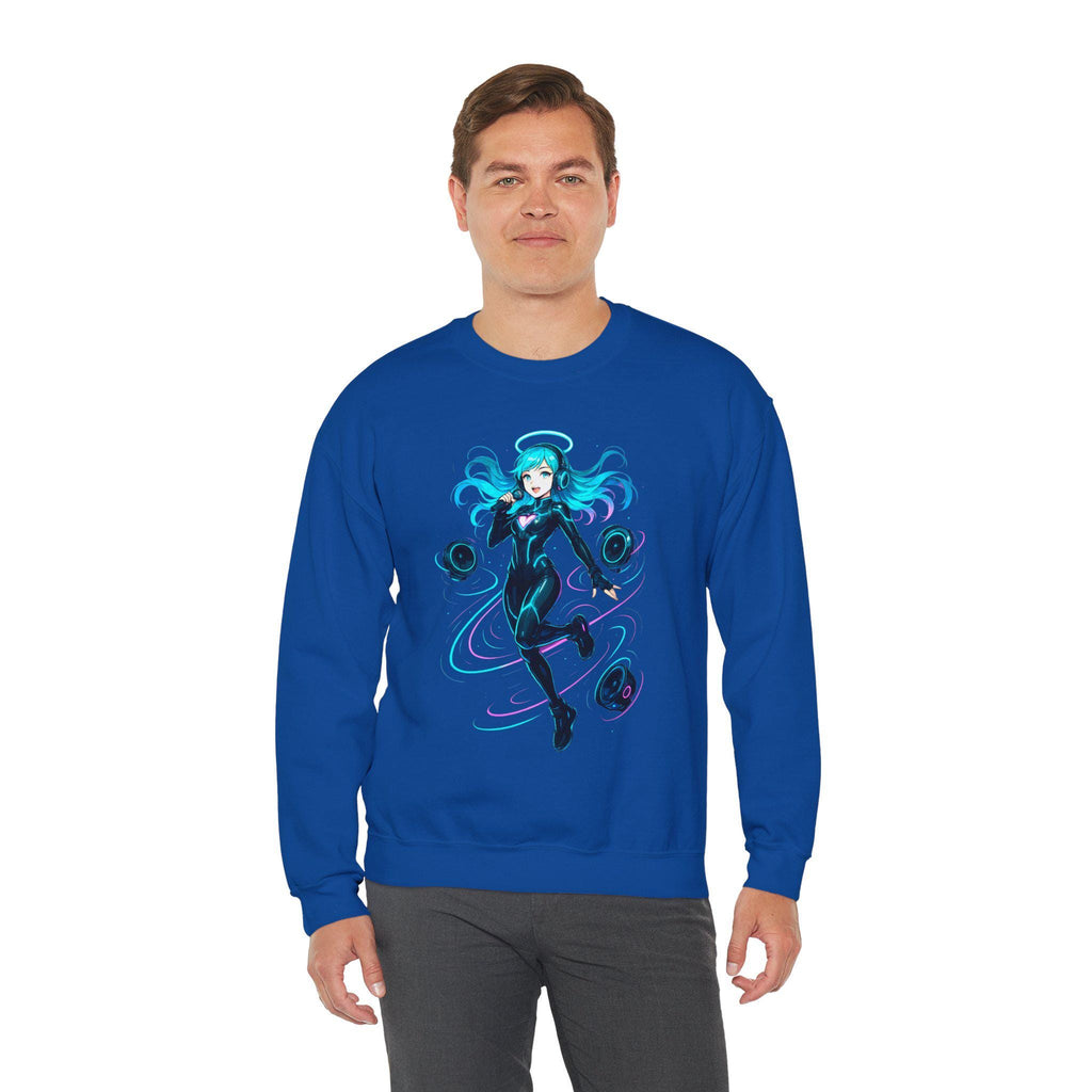 Cyberpunk DJ Girl Sweatshirt Blue Neon Anime Streetwear Futuristic Techwear Gift for Gamers and Music Lovers