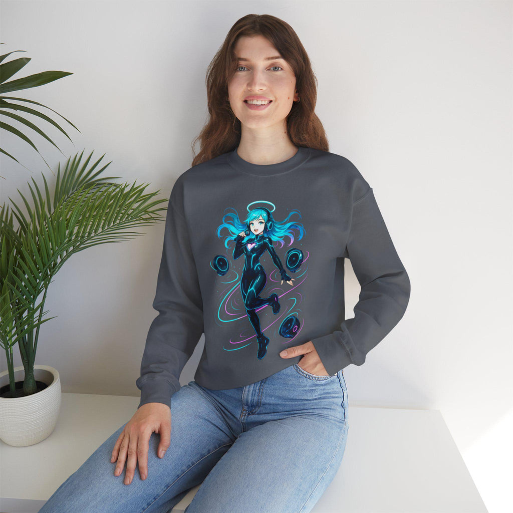 Cyberpunk DJ Girl Sweatshirt Blue Neon Anime Streetwear Futuristic Techwear Gift for Gamers and Music Lovers