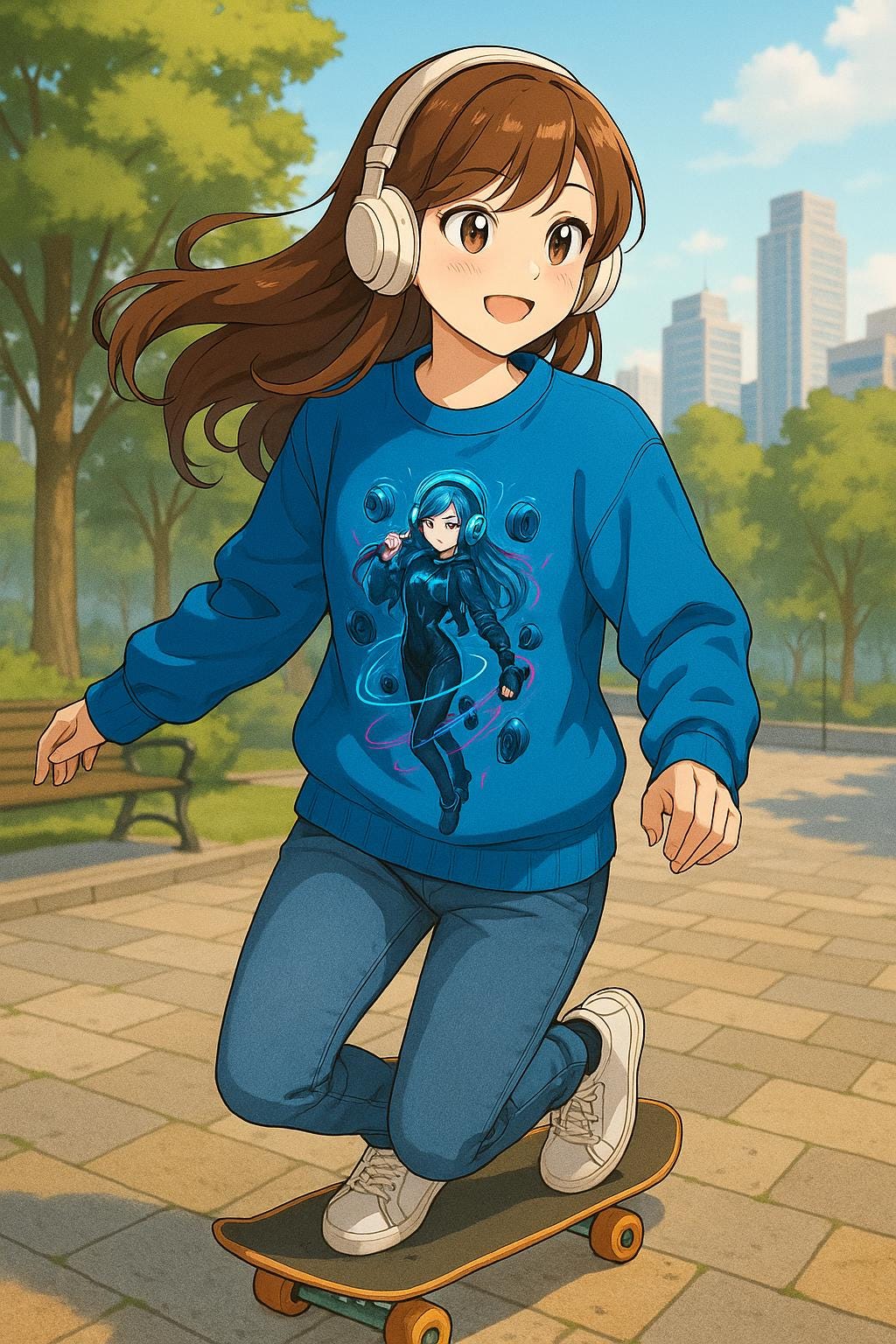 Cyberpunk DJ Girl Sweatshirt Blue Neon Anime Streetwear Futuristic Techwear Gift for Gamers and Music Lovers