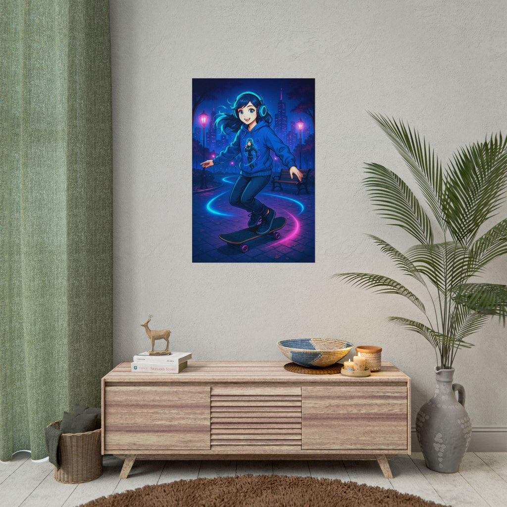 DJ Skater Girl Poster Neon City Art Print Futuristic Anime Wall Decor for Gamers and Music Lovers