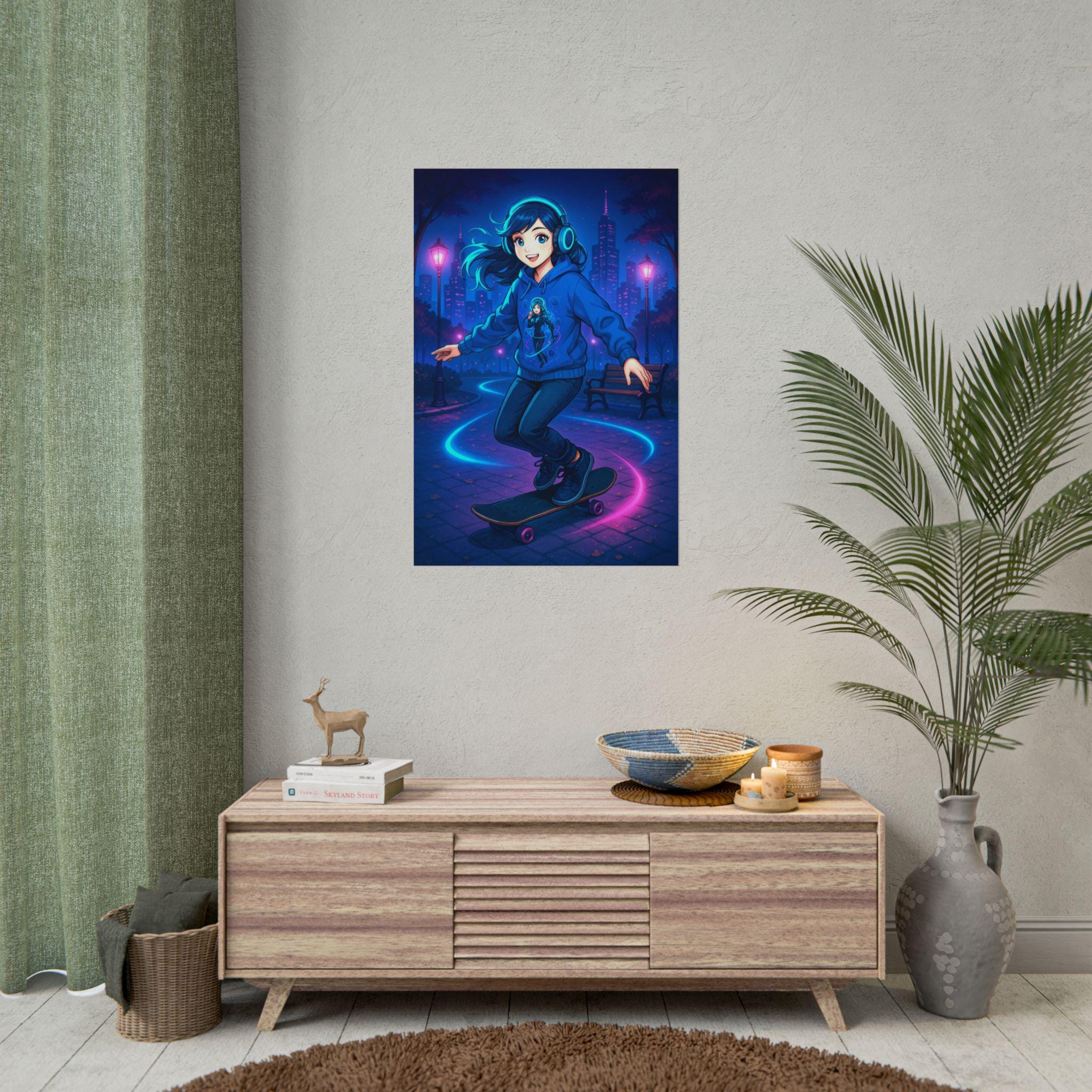 DJ Skater Girl Poster Neon City Art Print Futuristic Anime Wall Decor for Gamers and Music Lovers
