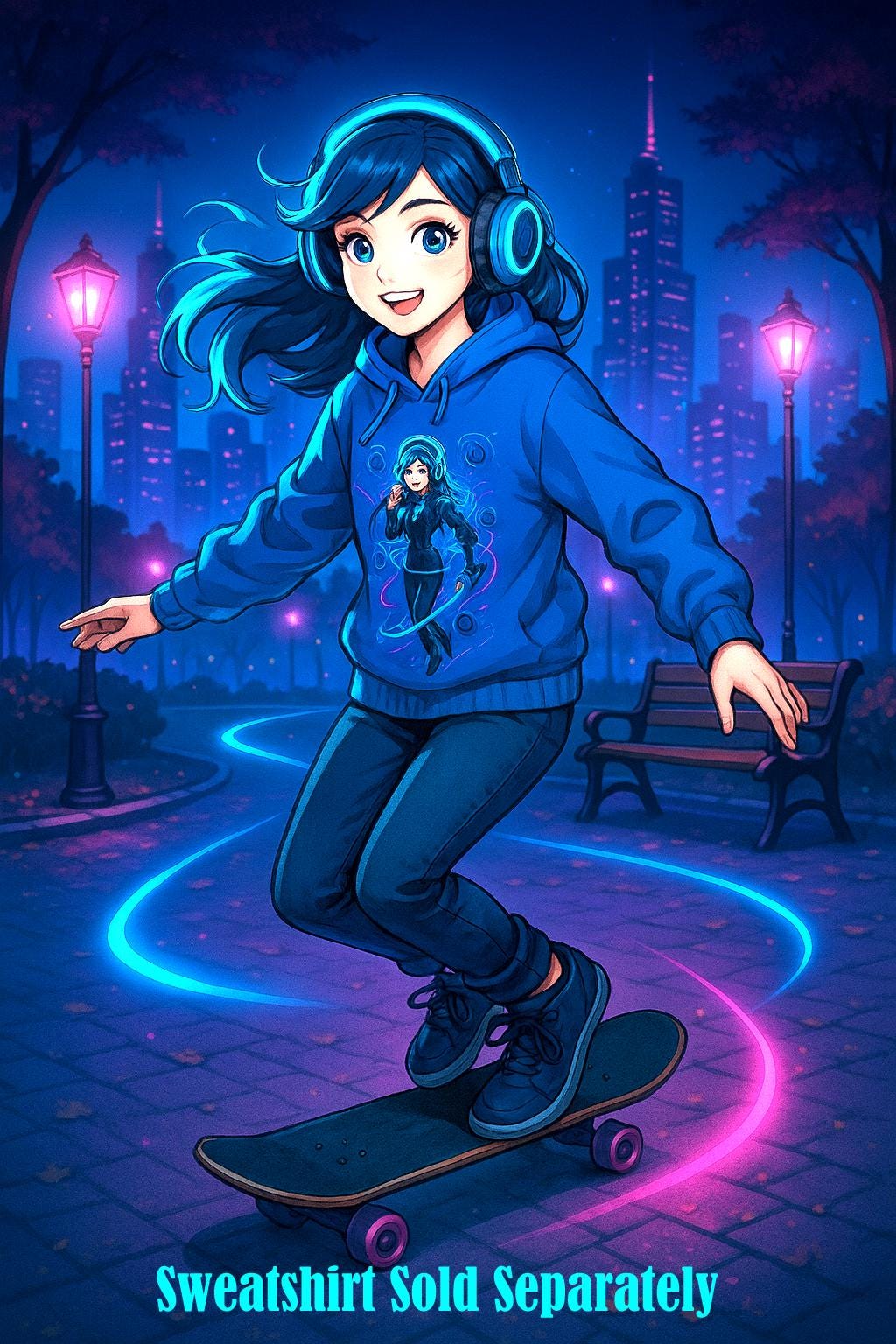 Cyberpunk DJ Girl Sweatshirt Blue Neon Anime Streetwear Futuristic Techwear Gift for Gamers and Music Lovers