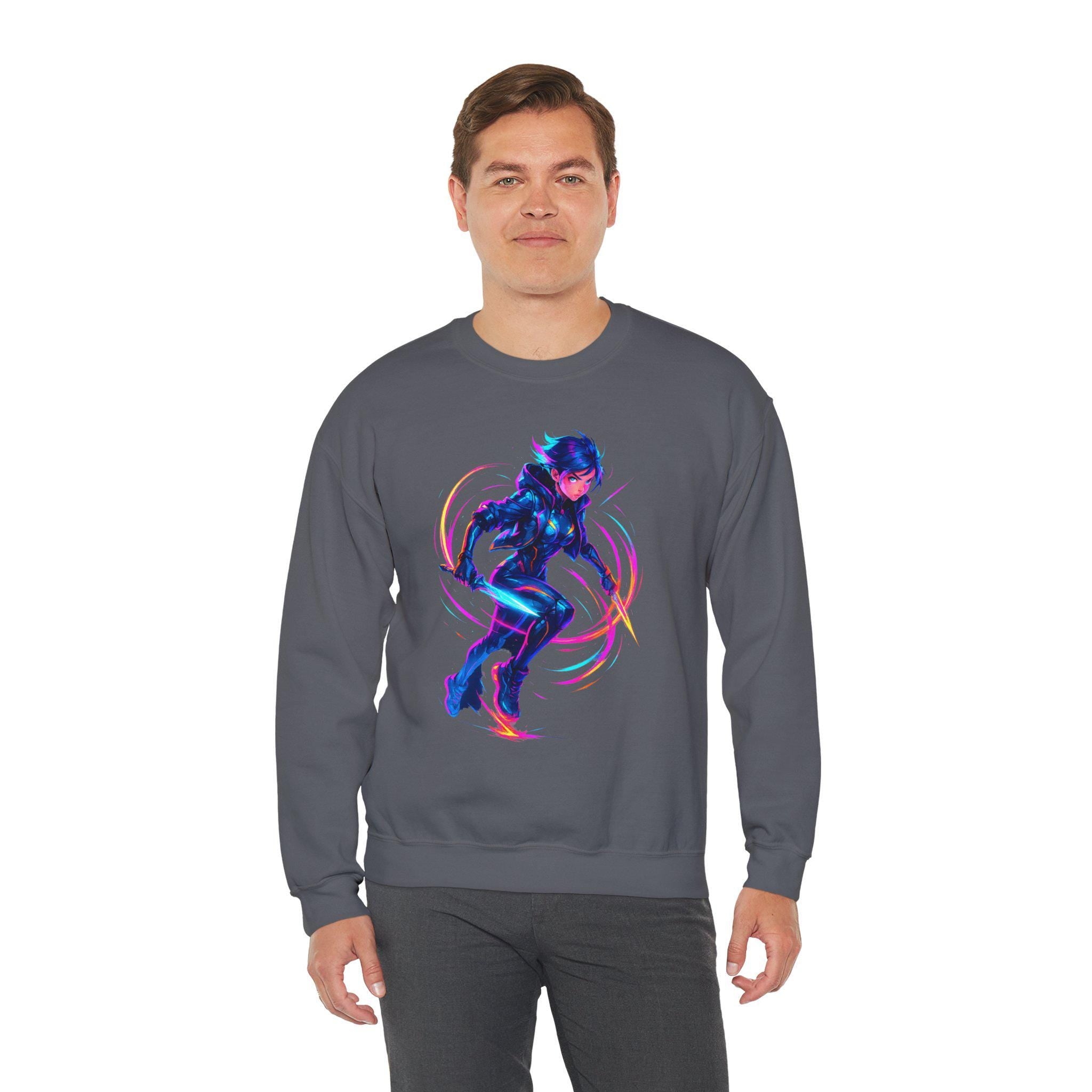 Vibrant Cyberpunk Neon Warrior Sweatshirt Futuristic Techwear Anime Streetwear Gift for Gamers and Anime Lovers
