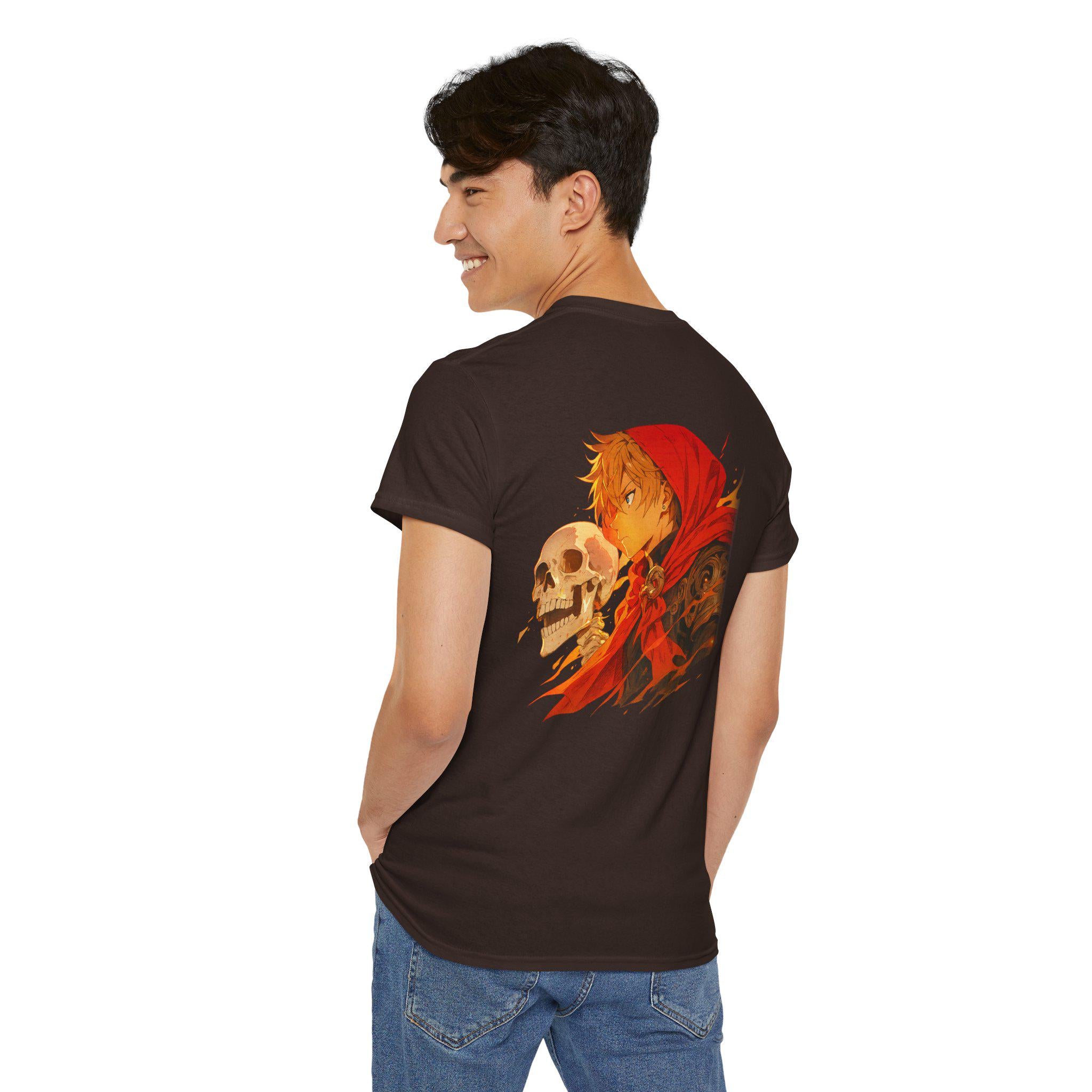Anime Skull Hoodie Boy Shirt Red Cloak Fire Glow T-Shirt Cool Otaku Graphic Tee Gift for Anime Fans and Collectors