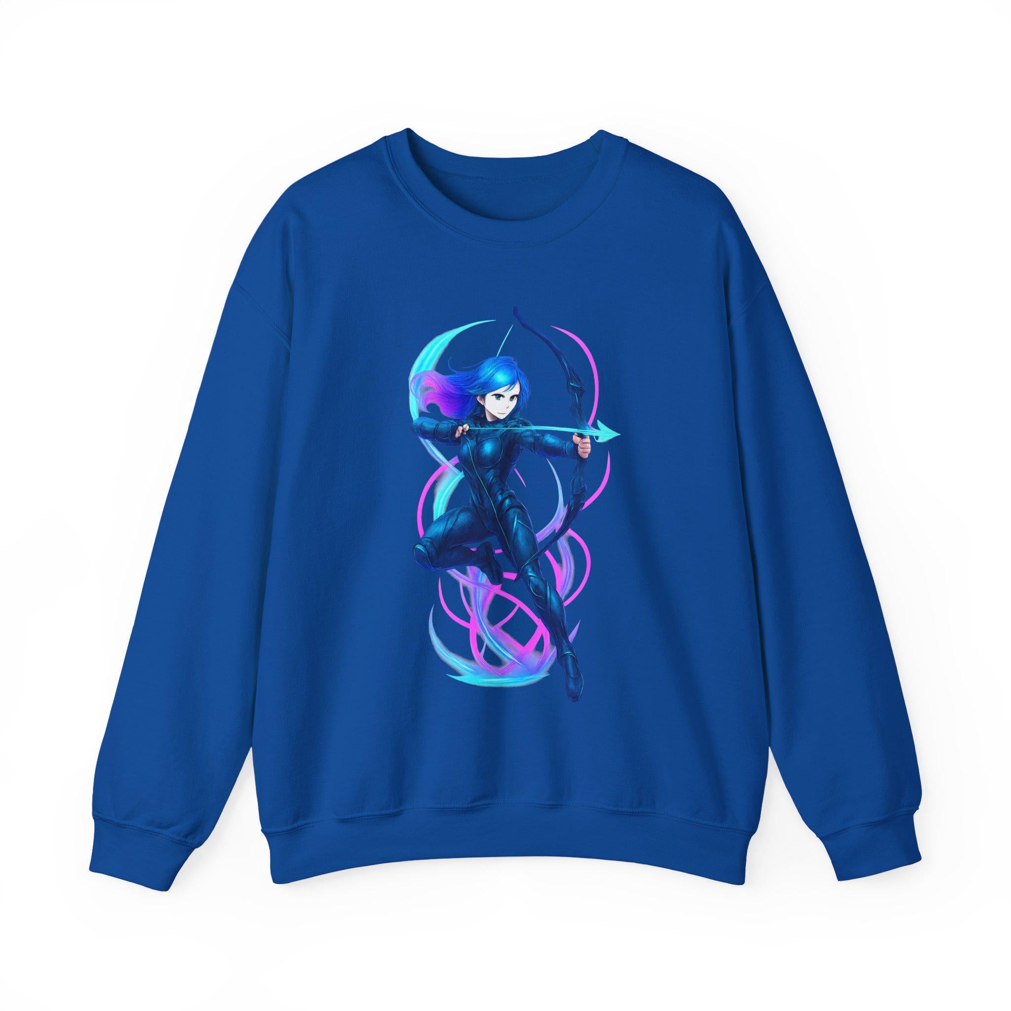 Neon Archer Anime Girl Sweatshirt Cyber Glow Streetwear Gift for Gamers and Anime Lovers
