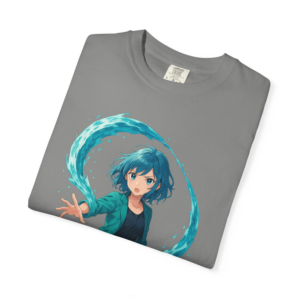 Anime Water Spirit Girl T-Shirt Neon Wave Power Graphic Tee Japanese Fantasy Streetwear Gift for Anime Fans