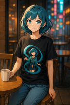 Anime Water Spirit Girl T-Shirt Neon Wave Power Graphic Tee Japanese Fantasy Streetwear Gift for Anime Fans