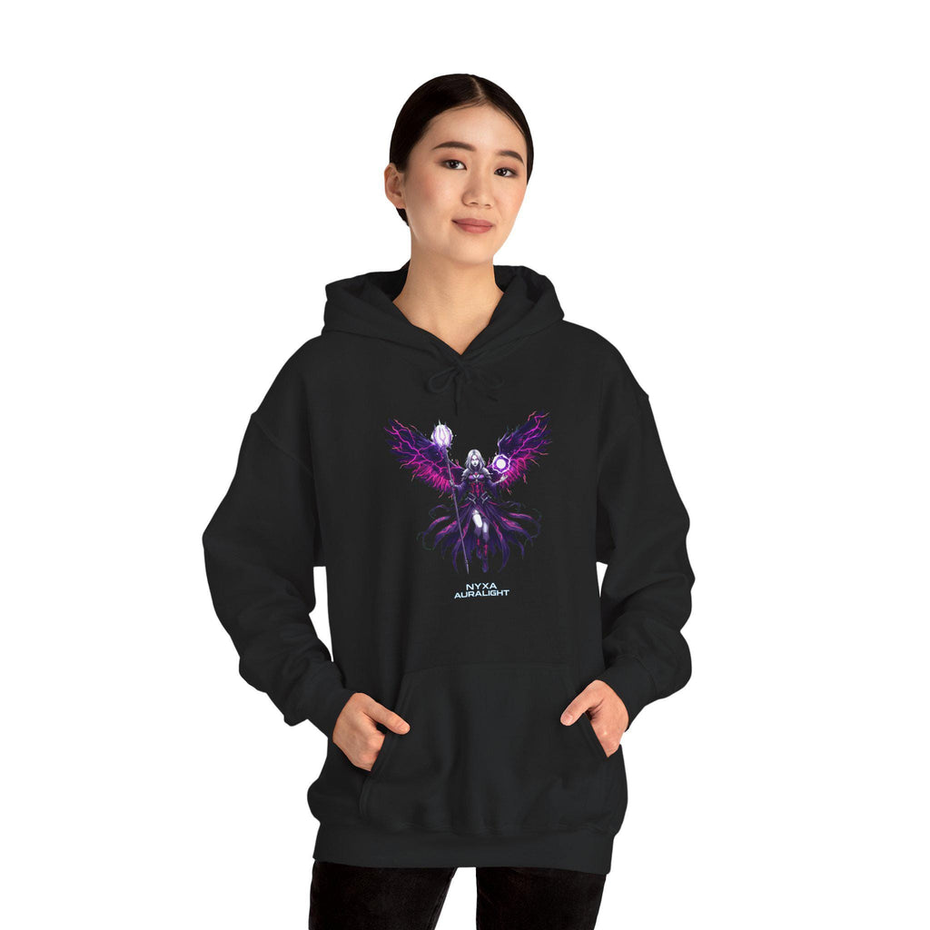 Nyxa Auralight Hoodie Anime Dark Sorceress Sweatshirt Magical Wings Neon Purple Gothic Fantasy Gift for Anime Lovers and Gamers