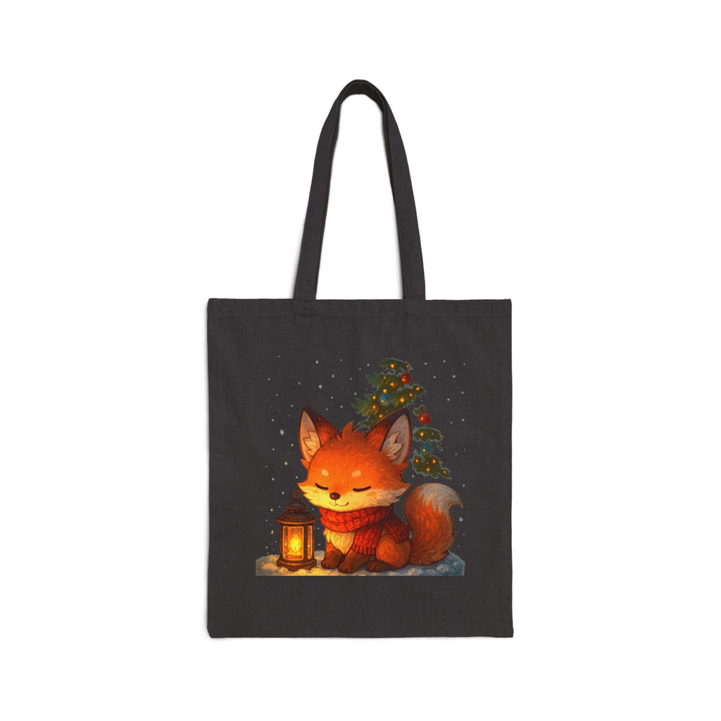 Cute Christmas Fox Tote Bag with Lantern, Holiday Gift Bag, Cozy Kawaii Animal Shopper, Woodland Winter Aesthetic Canvas Tote