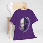 Anime Oni Mask T-Shirt Dark Spirit Face Split Design Neon Purple Glow Streetwear Gift for Anime Lovers and Gamers