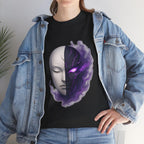 Anime Oni Mask T-Shirt Dark Spirit Face Split Design Neon Purple Glow Streetwear Gift for Anime Lovers and Gamers