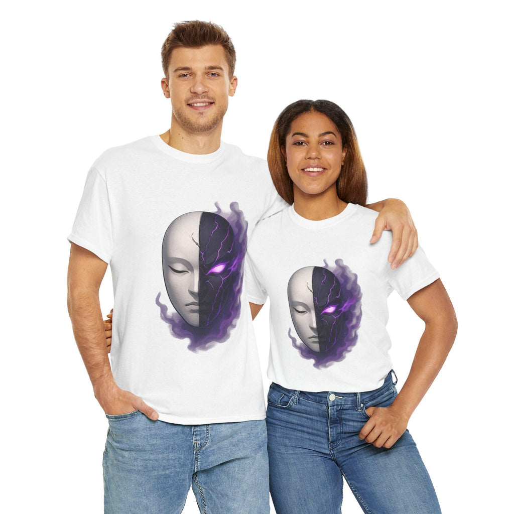Anime Oni Mask T-Shirt Dark Spirit Face Split Design Neon Purple Glow Streetwear Gift for Anime Lovers and Gamers