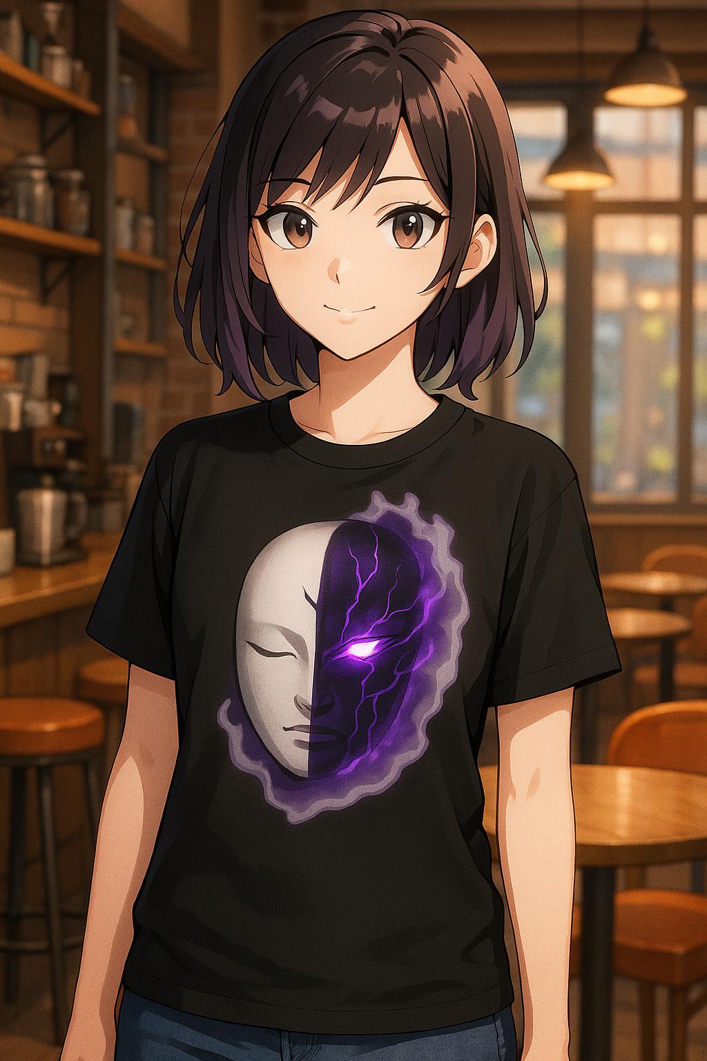 Anime Oni Mask T-Shirt Dark Spirit Face Split Design Neon Purple Glow Streetwear Gift for Anime Lovers and Gamers