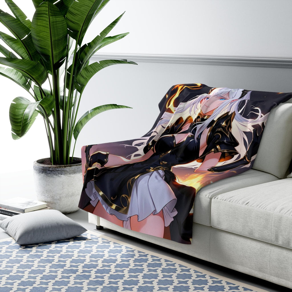 Dark Flame Sorceress Anime Sherpa Blanket 60x80 Gothic Fire Mage Gift Black Gold Magic Girl Fleece Throw | Epic Anime Home Decor