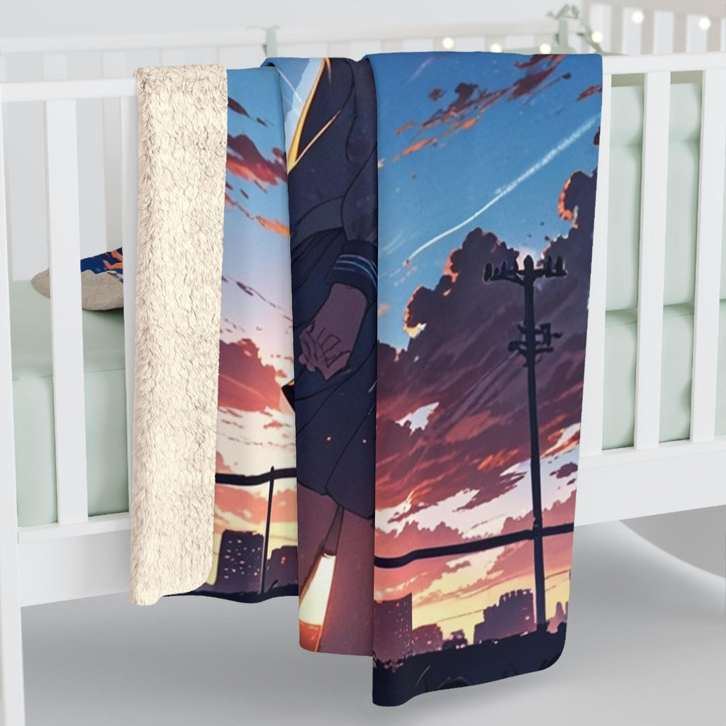 Anime Sherpa Blanket Girl Sunset Scene Cozy Fleece Throw Kawaii Manga Aesthetic Gift for Anime Lovers and Fans
