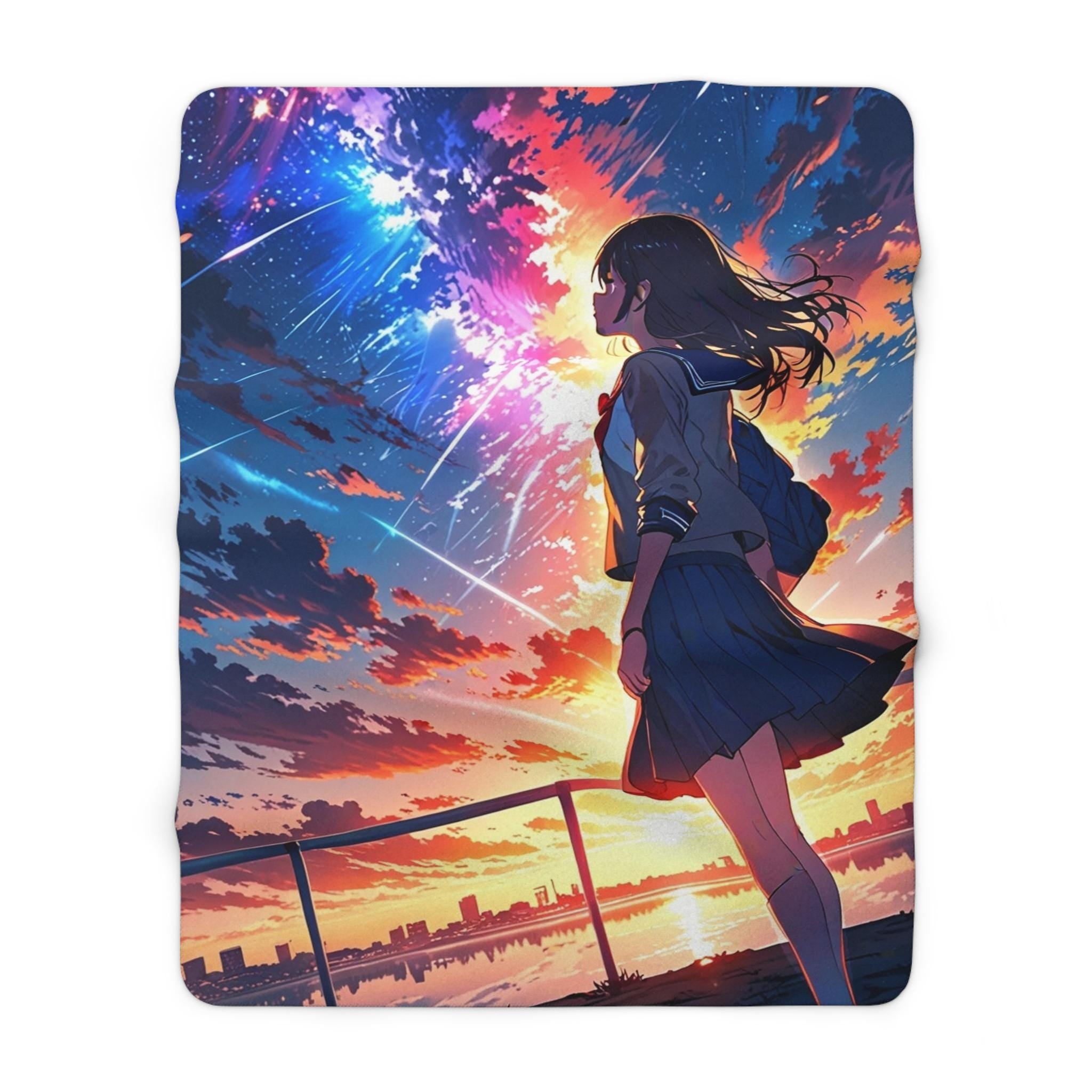 Anime Sherpa Blanket Meteor Sky Girl Cozy Fleece Throw Kawaii Aesthetic Blanket Gift for Anime Lovers and Fans