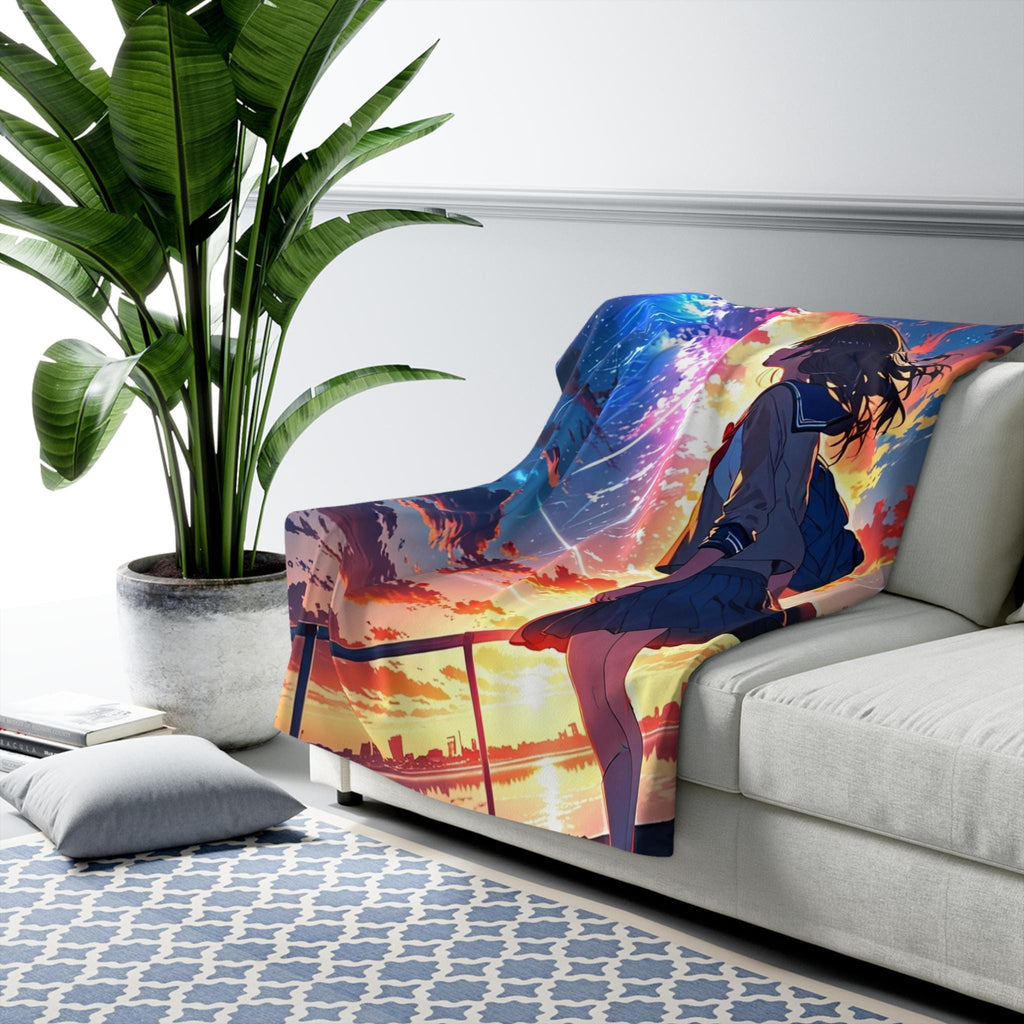 Anime Sherpa Blanket Meteor Sky Girl Cozy Fleece Throw Kawaii Aesthetic Blanket Gift for Anime Lovers and Fans