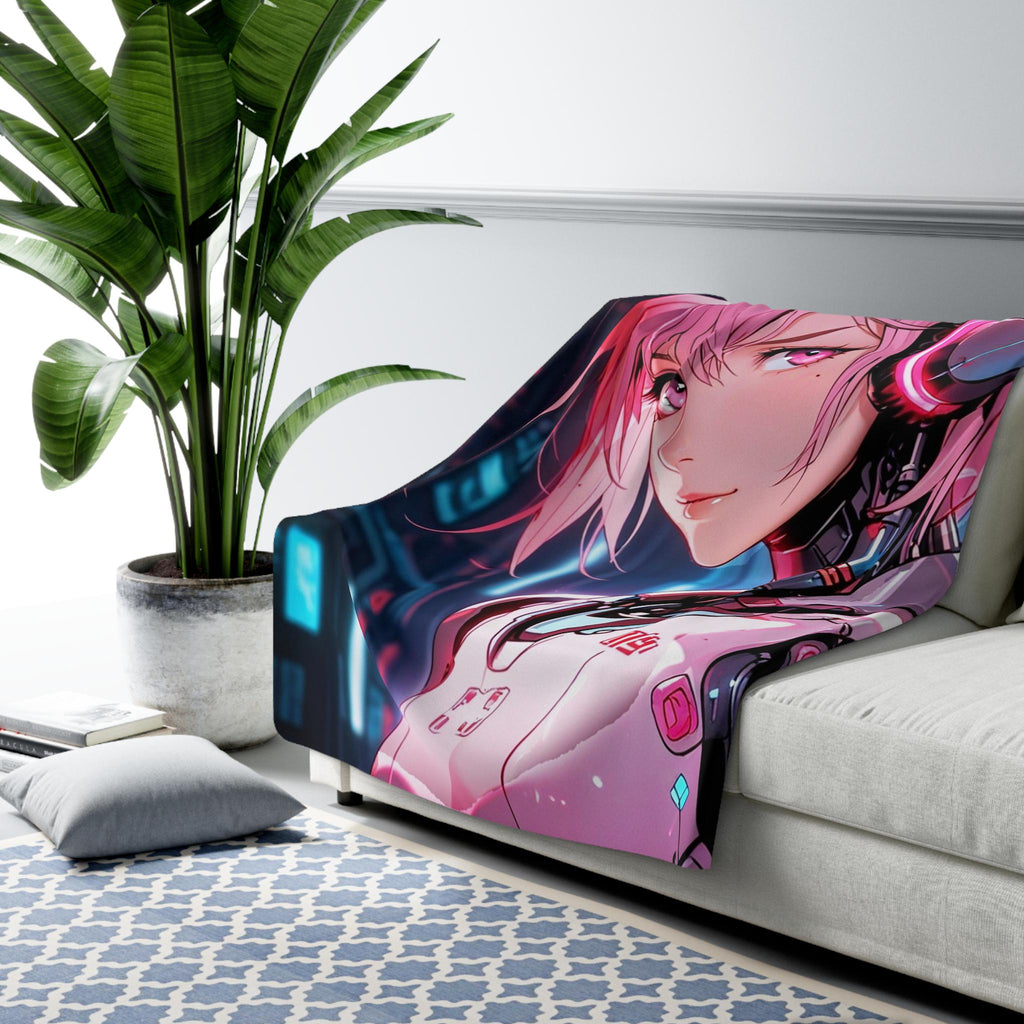 Cyberpunk Anime Girl Sherpa Blanket Pink Hair Neon Headphones Fleece Throw Gift for Gamers and Anime Lovers
