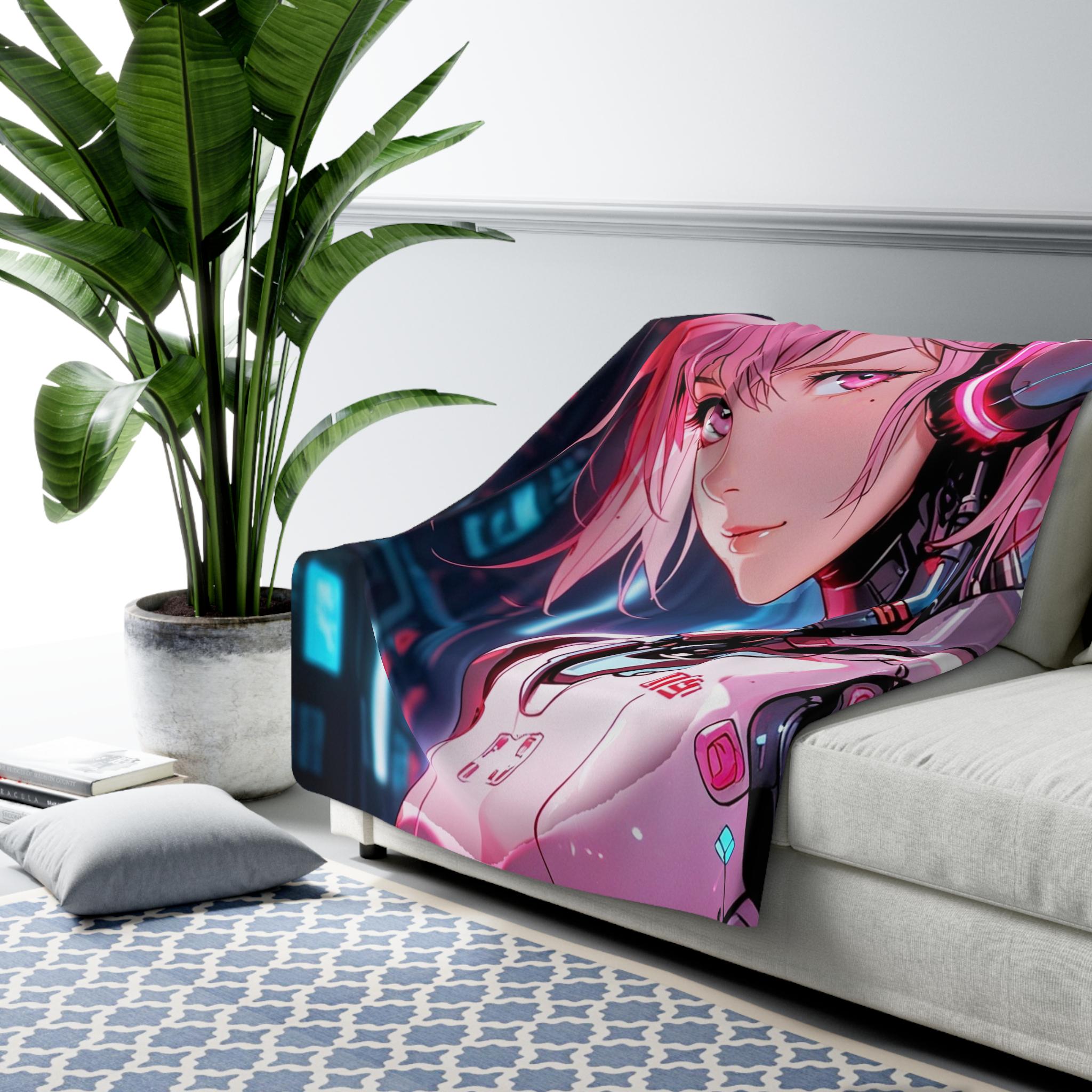 Cyberpunk Anime Girl Sherpa Blanket Pink Hair Neon Headphones Fleece Throw Gift for Gamers and Anime Lovers