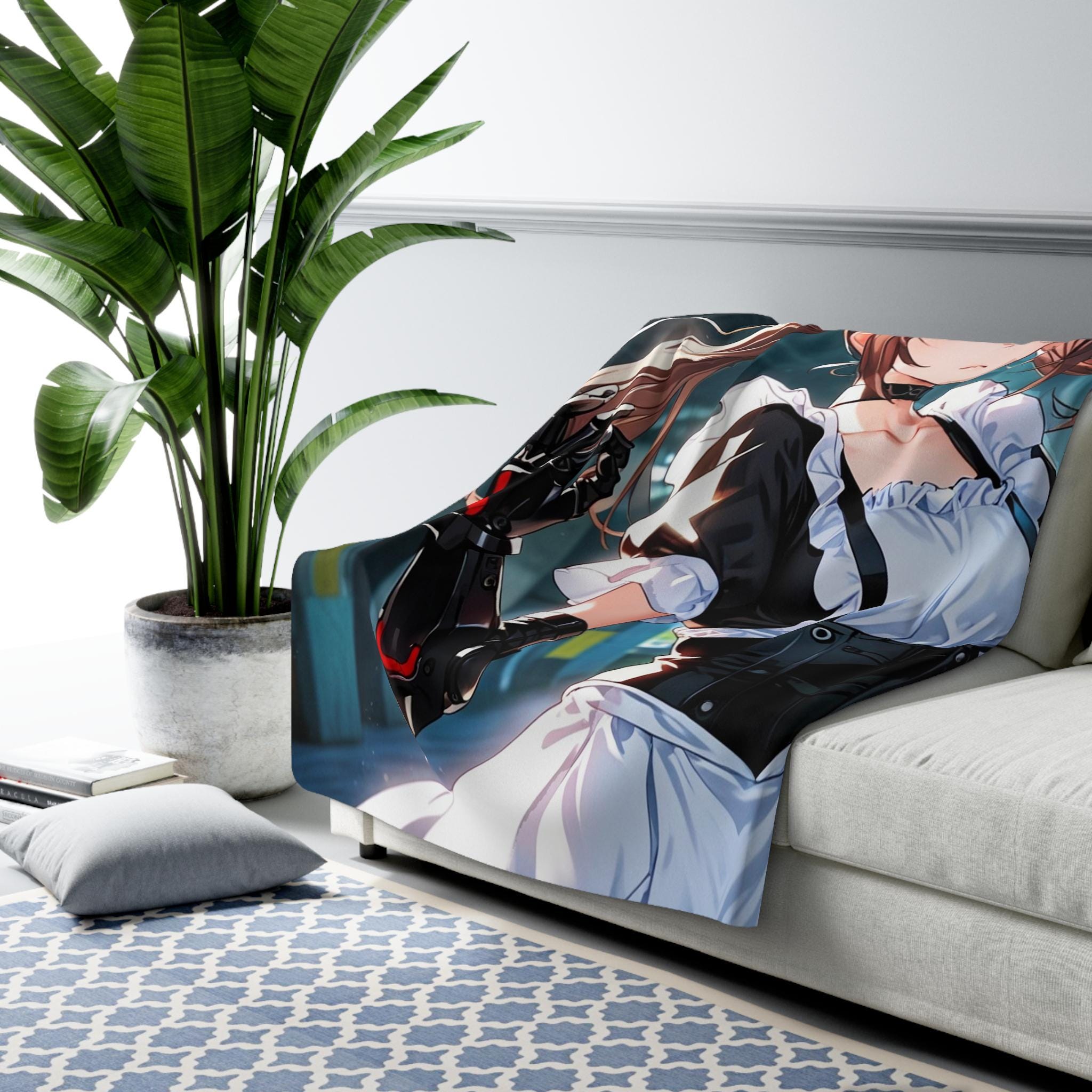 Anime Catgirl Sherpa Blanket Cyber Maid with Robotic Arm Fleece Throw Futuristic Anime Blanket Gift for Otaku and Cosplayers