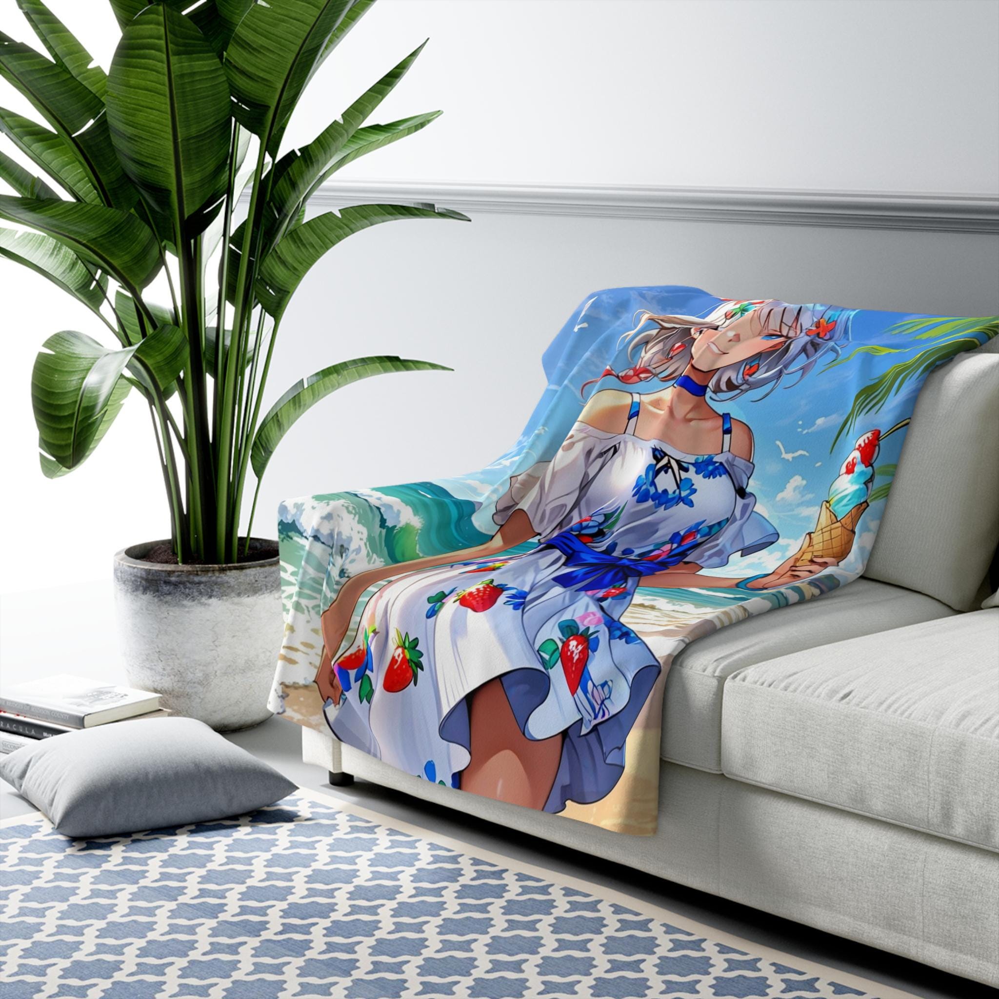 Kawaii Beach Girl Sherpa Blanket Summer Anime Fleece Throw Strawberry Dress Ice Cream Scene Gift for Anime Fans