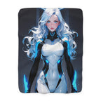 Cyber Angel Anime Blanket, Futuristic Neon Valkyrie Sherpa Throw for Sci-Fi Fans, Gamers, and Anime Lovers