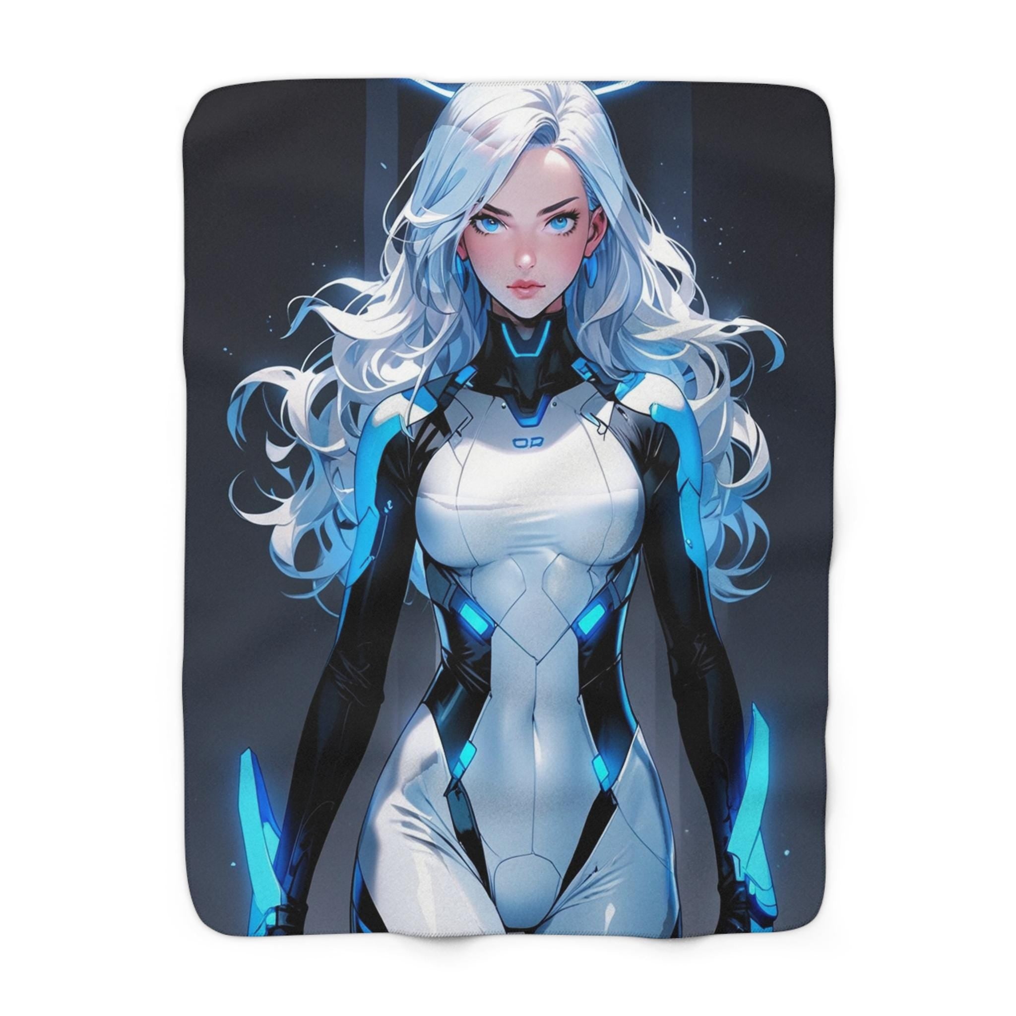 Cyber Angel Anime Blanket, Futuristic Neon Valkyrie Sherpa Throw for Sci-Fi Fans, Gamers, and Anime Lovers