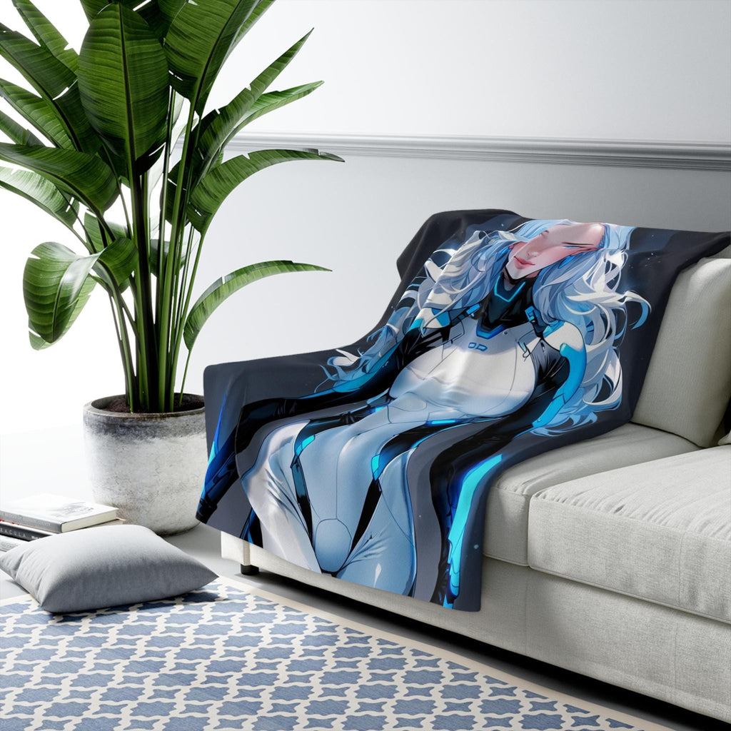 Cyber Angel Anime Blanket, Futuristic Neon Valkyrie Sherpa Throw for Sci-Fi Fans, Gamers, and Anime Lovers