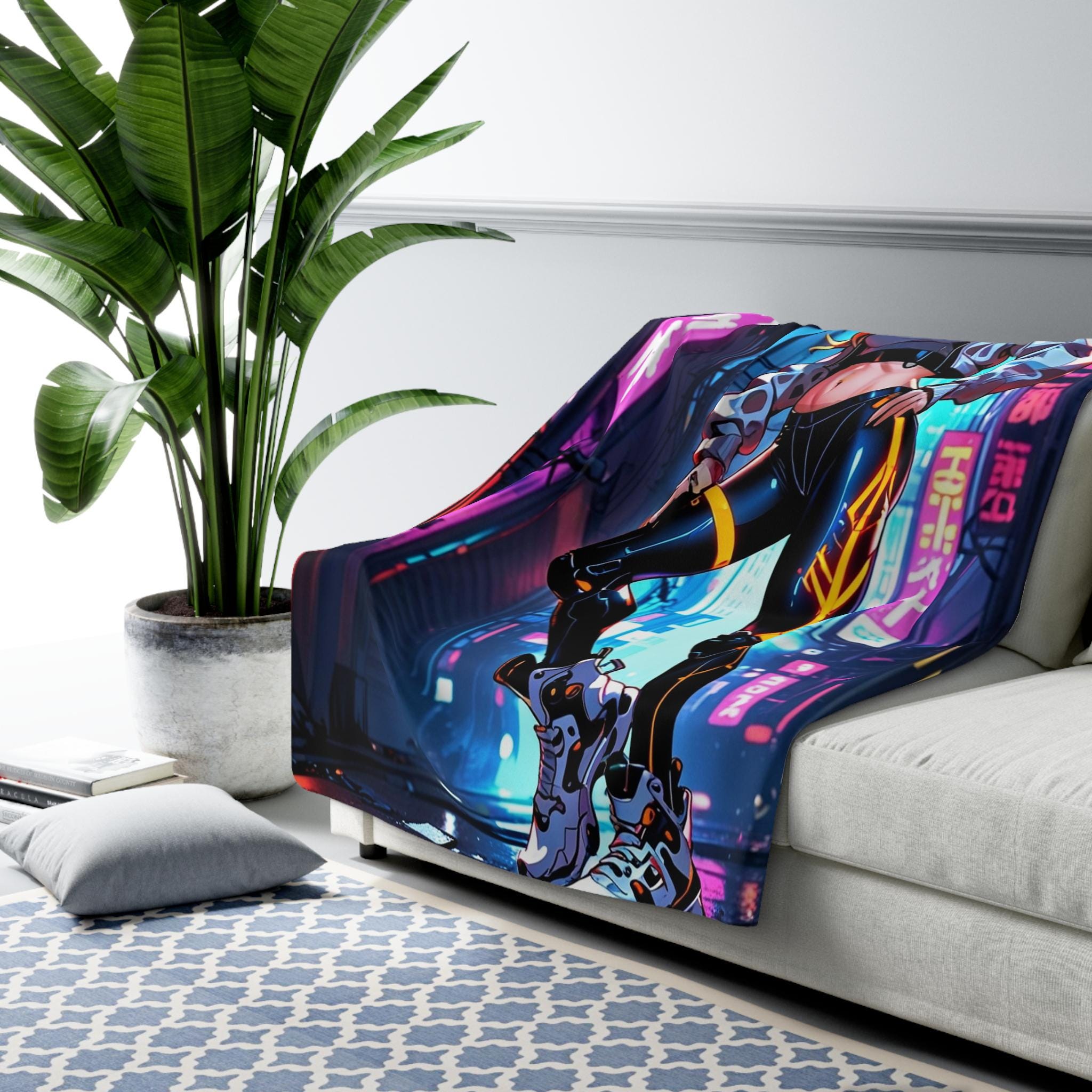 Anime Cyberpunk Girl Sherpa Blanket Neon Glow Techwear Gift for Gamers and Anime Fans