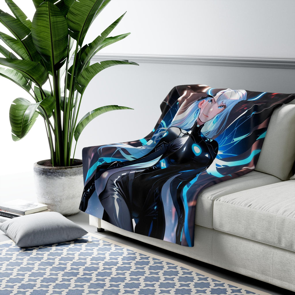 Cyber Angel Sherpa Blanket Neon Anime Techwear Futuristic Guardian Art Gift for Anime Fans