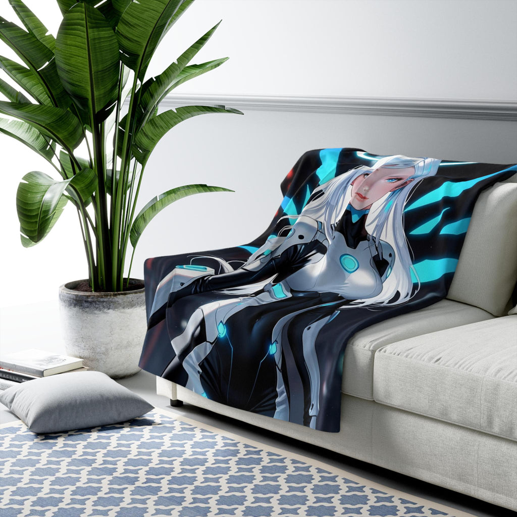 Cyber Angel Anime Blanket White Neon Wings Futuristic Techwear Girl Soft Sherpa Throw for Anime Lovers and Gamers
