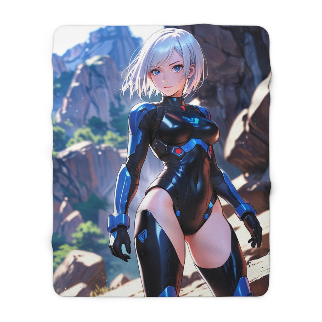 Anime Sci Fi Girl Blanket Blue Tech Armor Sherpa Throw Futuristic Warrior Art Cozy Gift for Anime Lovers and Gamers