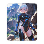 Anime Sci Fi Girl Blanket Blue Tech Armor Sherpa Throw Futuristic Warrior Art Cozy Gift for Anime Lovers and Gamers