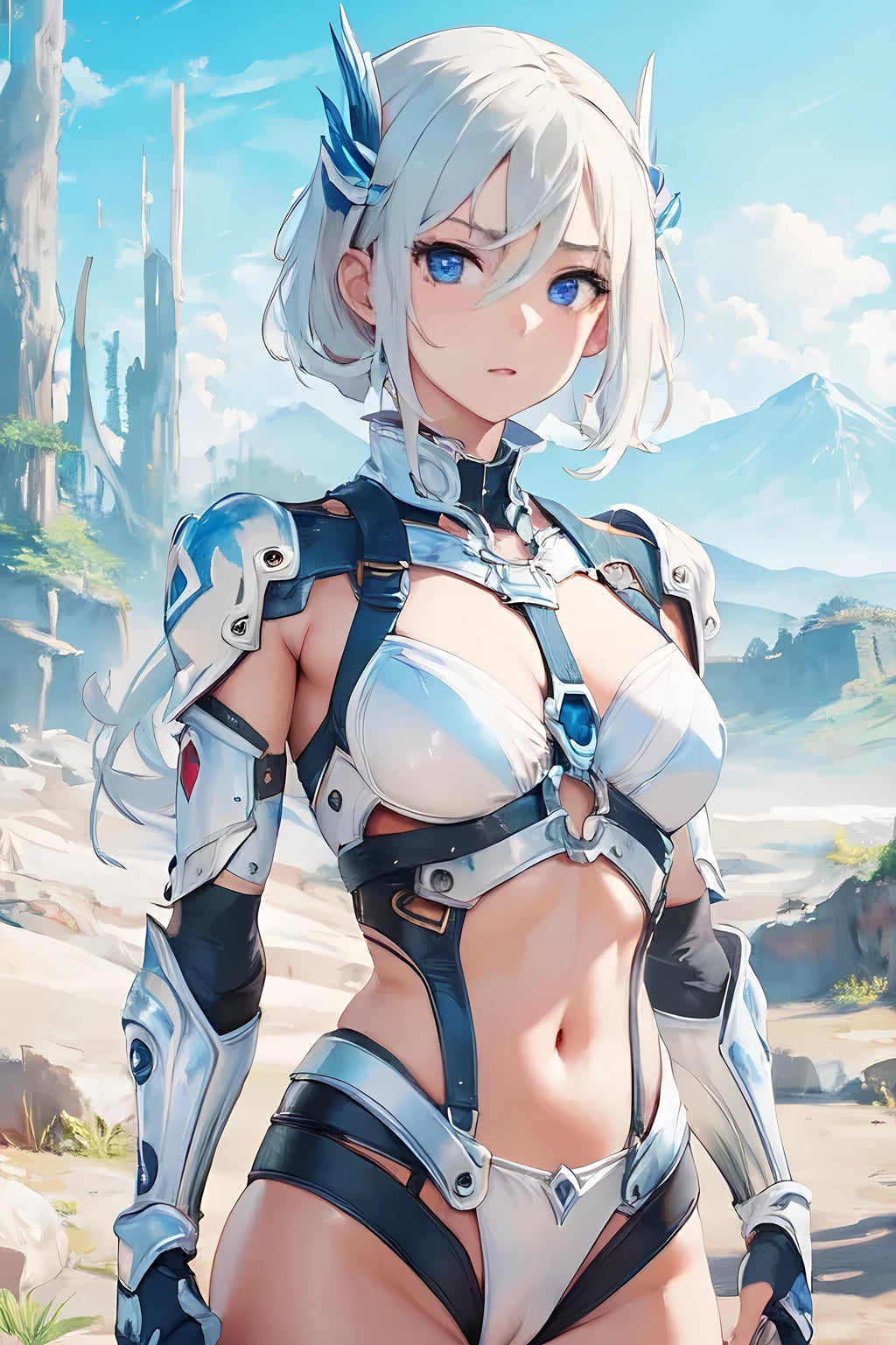 Anime Sci Fi Warrior Poster White Hair Girl Wall Art Futuristic Armor Blue Sky Landscape Gift for Anime Fans and Gamers