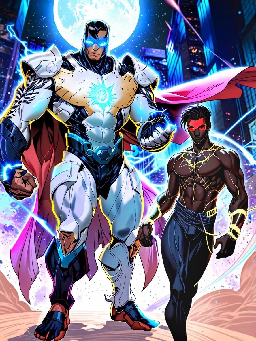 Superhero Couple Sherpa Blanket LGBTQ Anime Style Comic Heroes Cozy Fleece Gift Futuristic Glow Cape Armor Power Love Scene