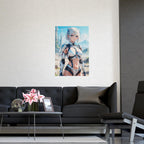 Anime Sci Fi Warrior Poster White Hair Girl Wall Art Futuristic Armor Blue Sky Landscape Gift for Anime Fans and Gamers