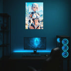 Anime Sci Fi Warrior Poster White Hair Girl Wall Art Futuristic Armor Blue Sky Landscape Gift for Anime Fans and Gamers