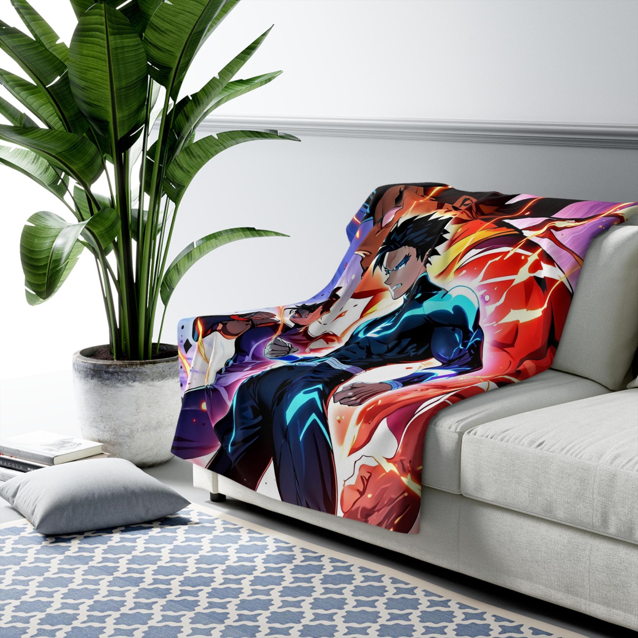 Anime Brothers Sherpa Blanket Superpower Glow Fleece Throw Trio Energy Burst Hero Scene Gift for Gamers and Anime Fans