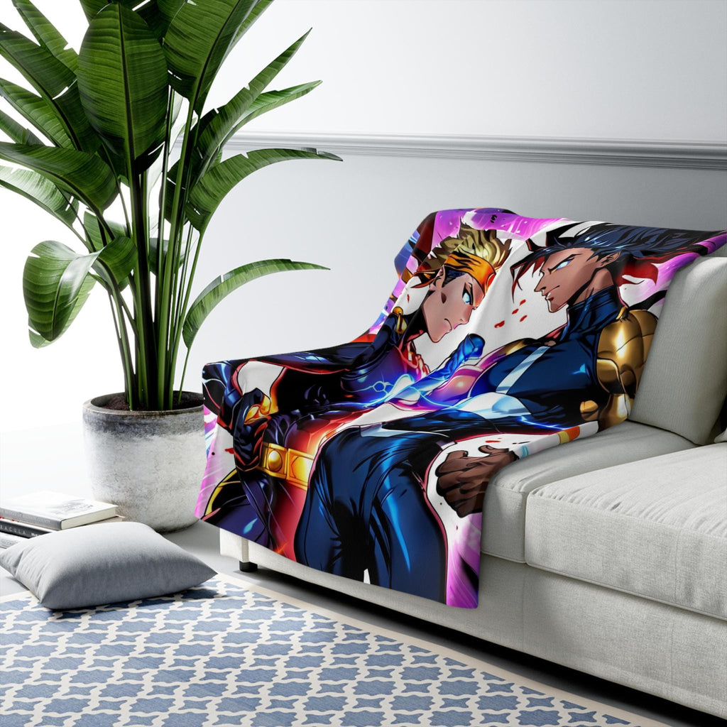 Anime Superhero Boys Sherpa Blanket Neon Glow Clash Comic Style Cozy Gift for Anime Fans and Teen Gamers