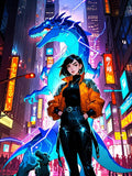 Cyberpunk Dragon Girl Sherpa Blanket Neon Blue Lightning Urban Anime Blanket for Gamers and Futuristic Fantasy Fans