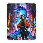 Cyberpunk Dragon Girl Sherpa Blanket Neon Blue Lightning Urban Anime Blanket for Gamers and Futuristic Fantasy Fans