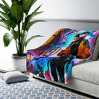 Cyberpunk Dragon Girl Sherpa Blanket Neon Blue Lightning Urban Anime Blanket for Gamers and Futuristic Fantasy Fans
